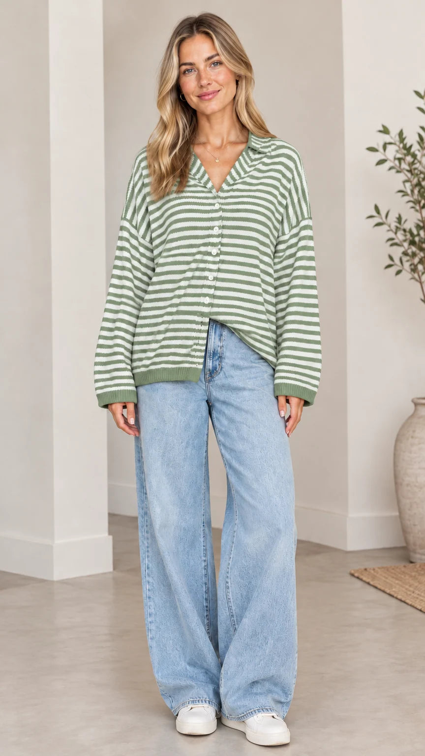 Women's Striped Collared Cardigan Sweater Casual Loose Knit Button Down