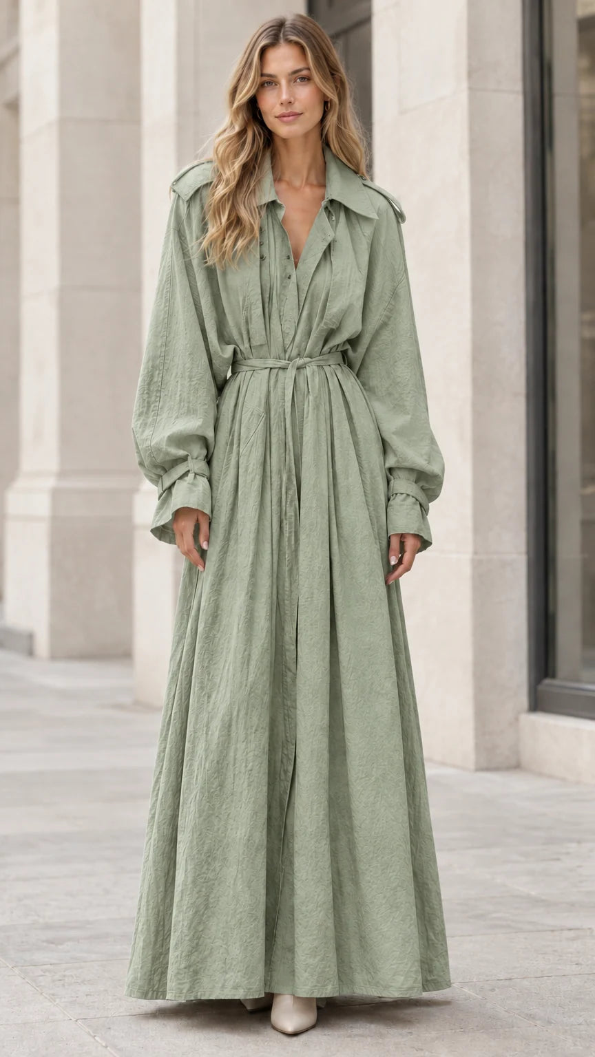 Women's Trench Style Long Sleeve Belted Maxi Dress