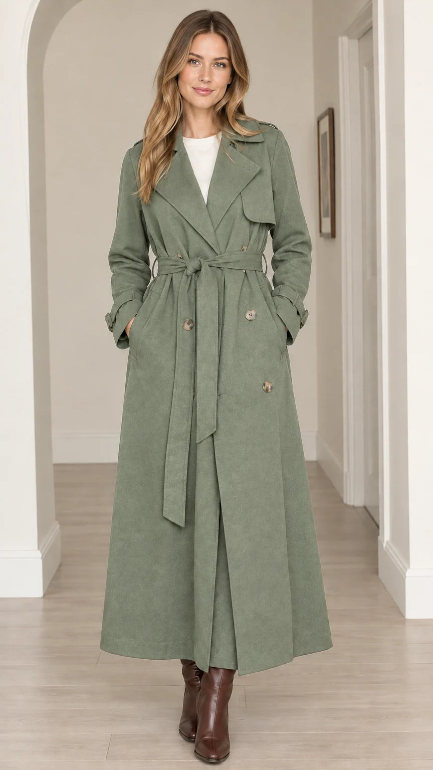 Women's Elegant Maxi Long Trench Coat with Tie Belt