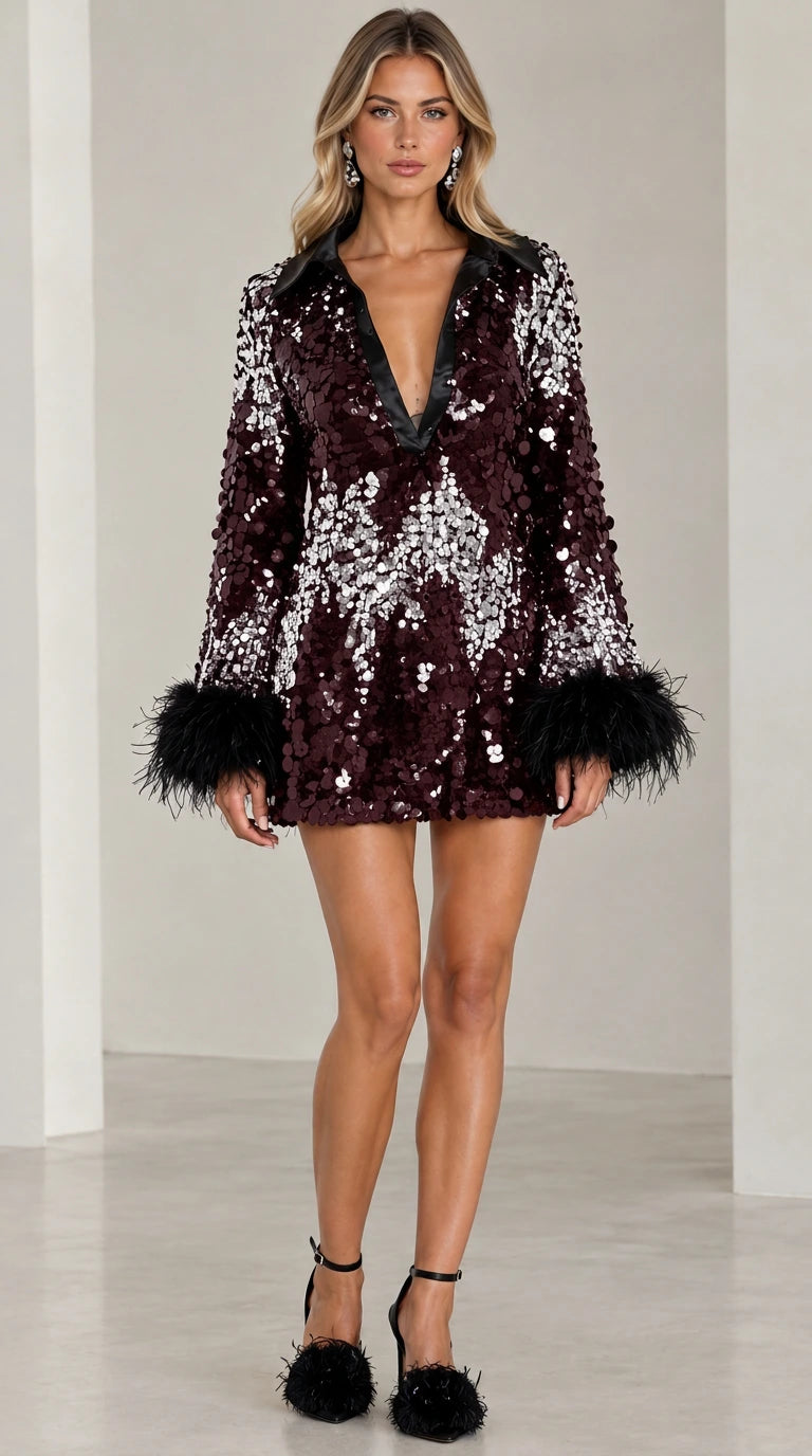 Model wearing burgundy wine sequin plunge mini dress with black feather cuffs