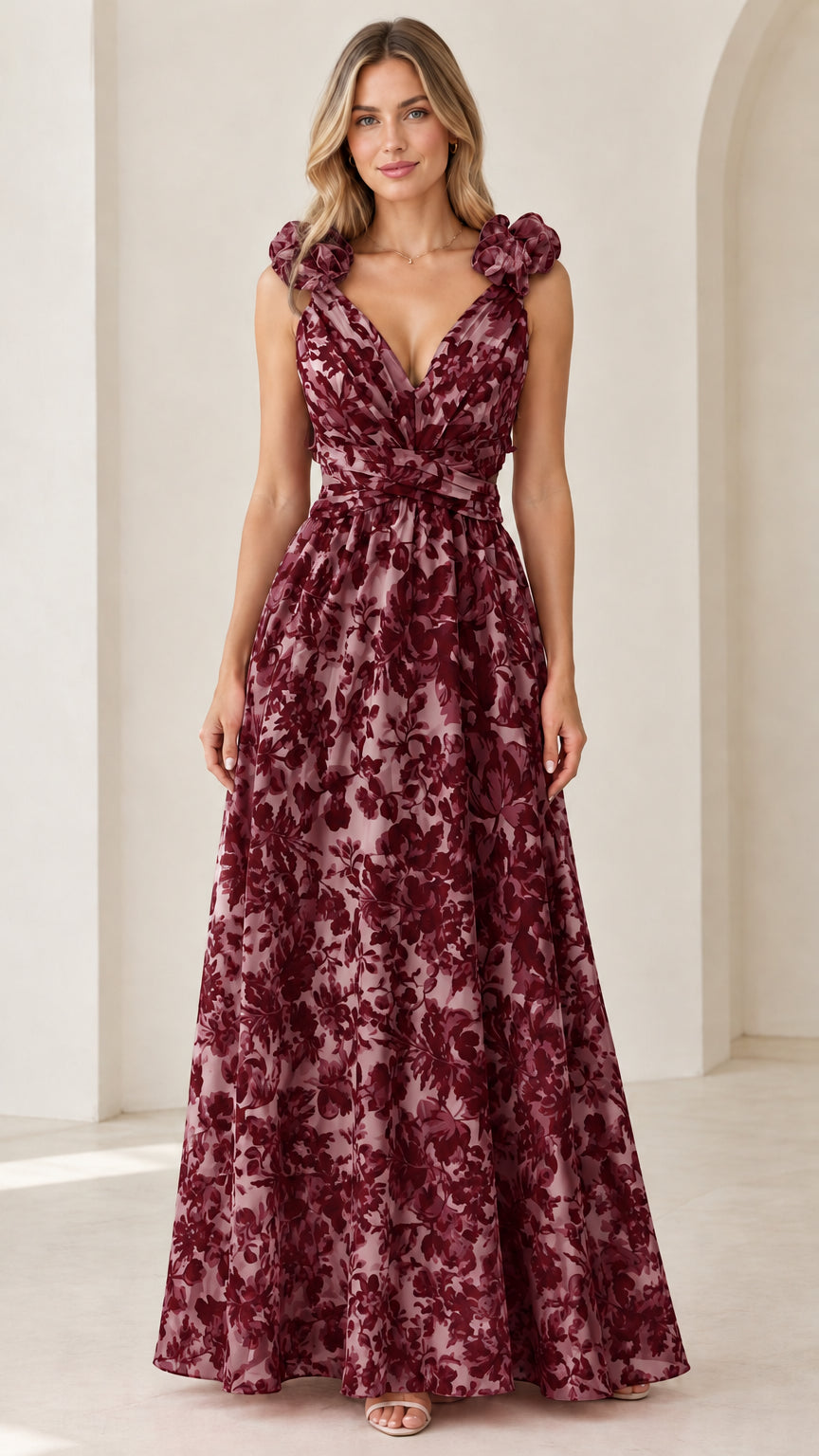 Deep burgundy wine floral formal maxi dress with rosette straps