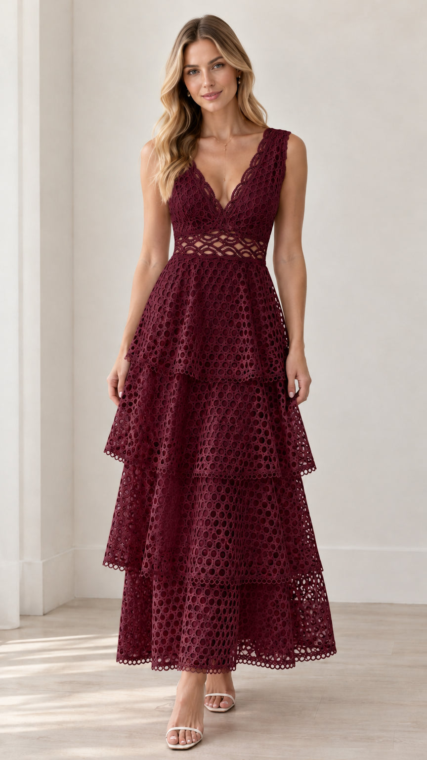 Front view of model wearing Burgundy wine red sleeveless tiered lace maxi dress
