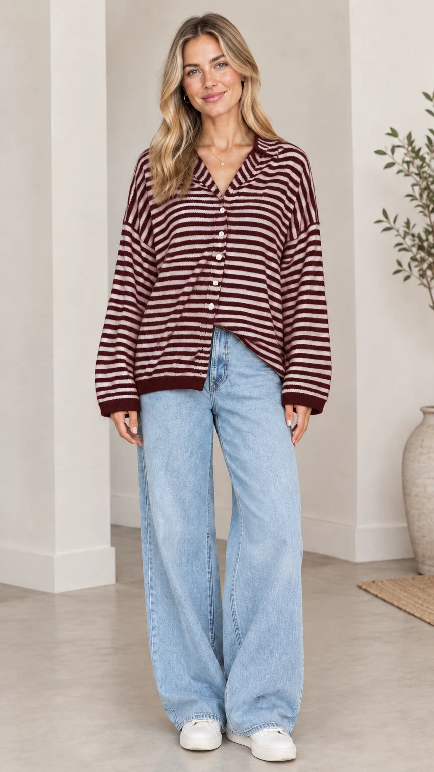 Women's Striped Collared Cardigan Sweater Casual Loose Knit Button Down