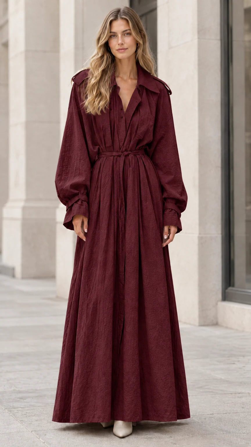 Women's Trench Style Long Sleeve Belted Maxi Dress