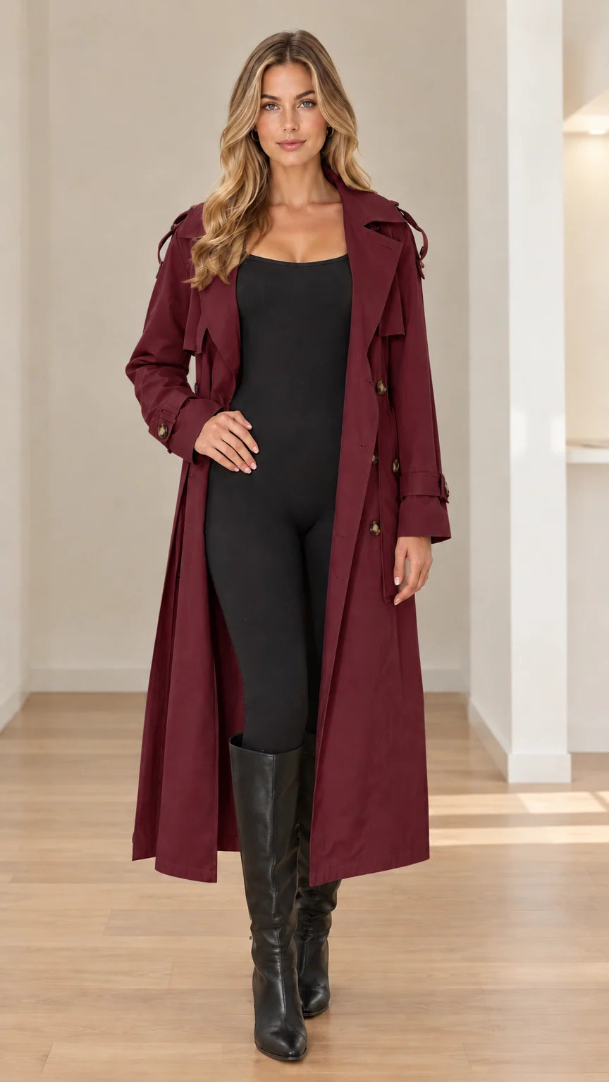 Women's Classic Double-Breasted Long Trench Coat with Belt