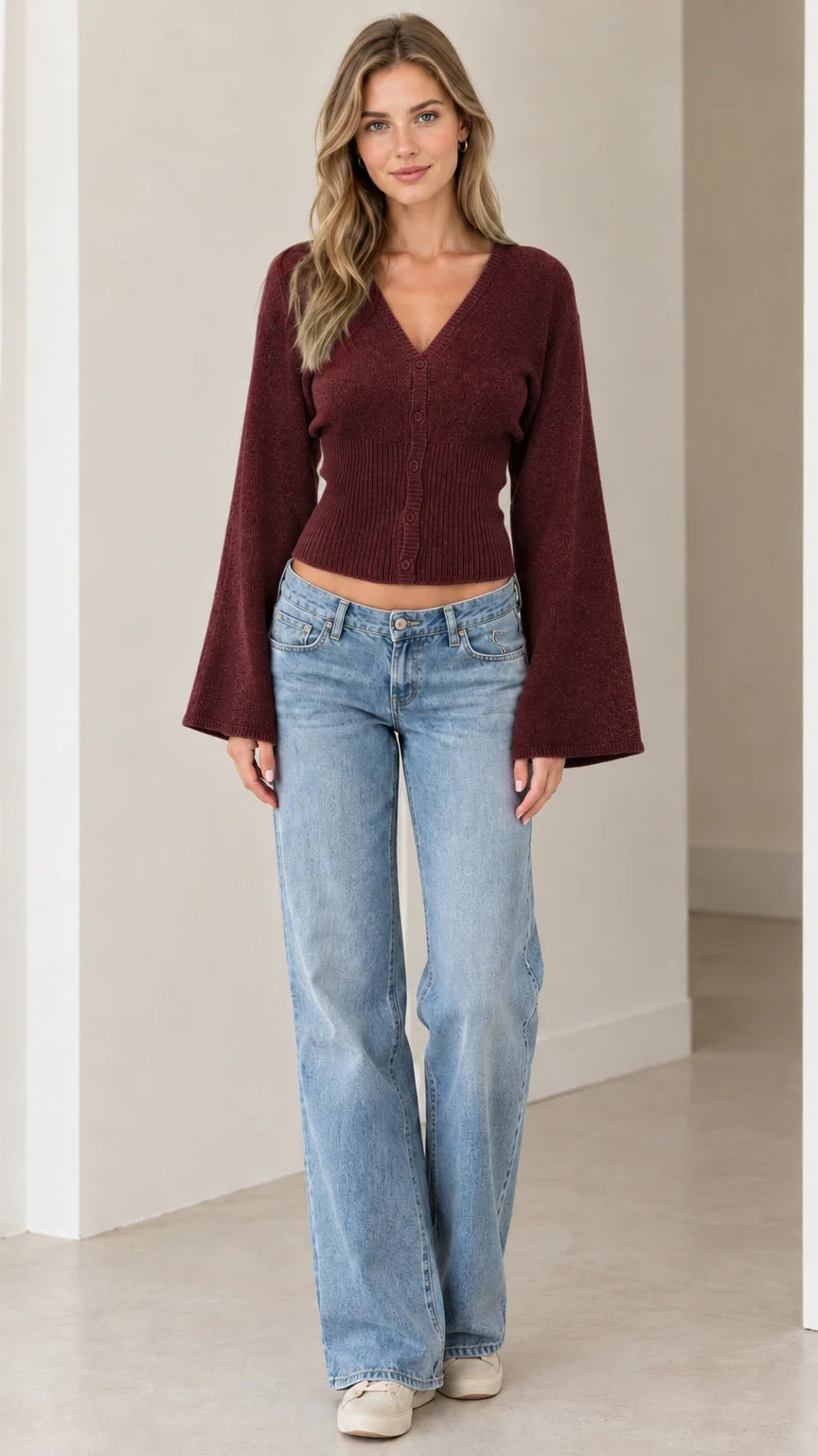 Women's V-Neck Bell Sleeve Button-Down Knit Cardigan Sweater