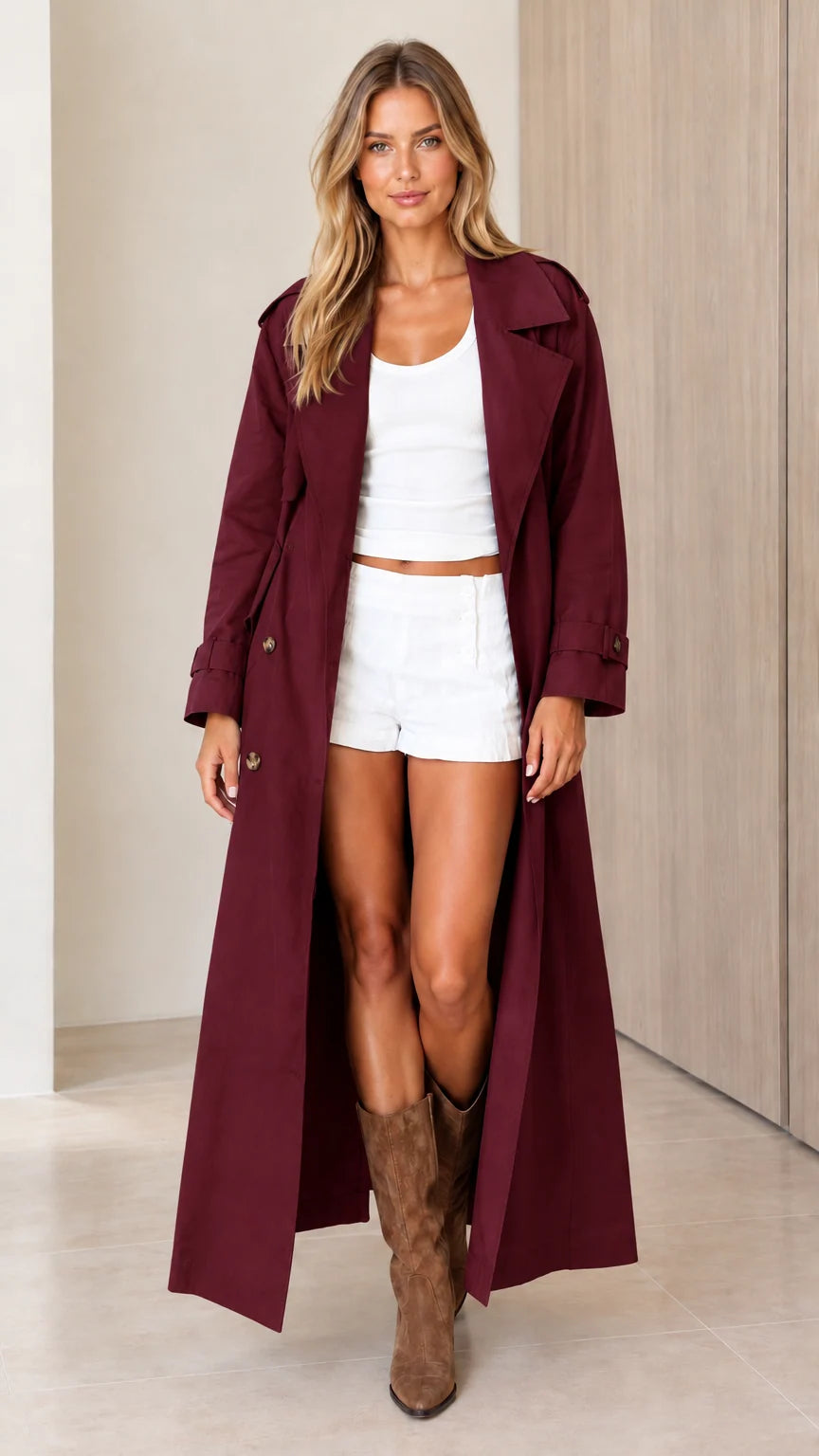 Women's Classic Longline Trench Coat with Waist Belt