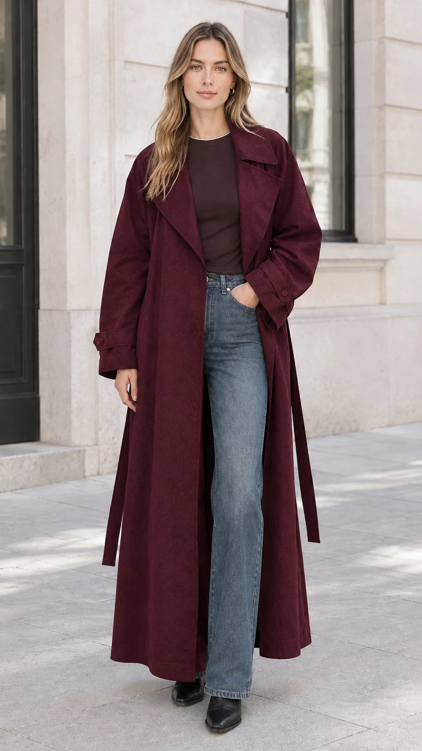Women's Maxi Trench Coat Classic Belted Long Duster Outerwear
