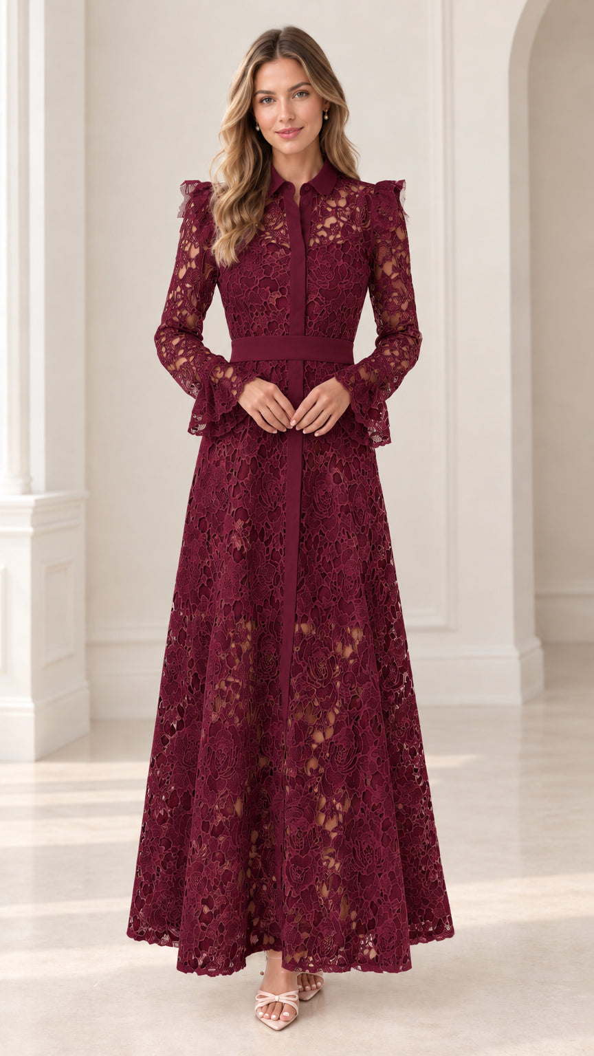 Burgundy floral lace collared maxi dress for evening occasions