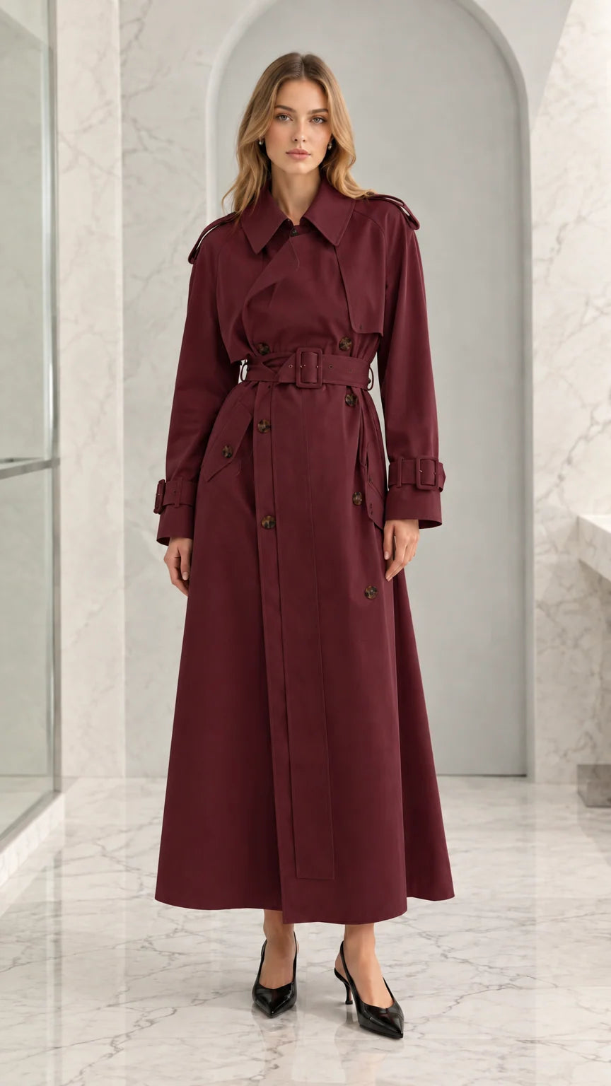Women's Classic Maxi Belted Trench Coat with Storm Flap