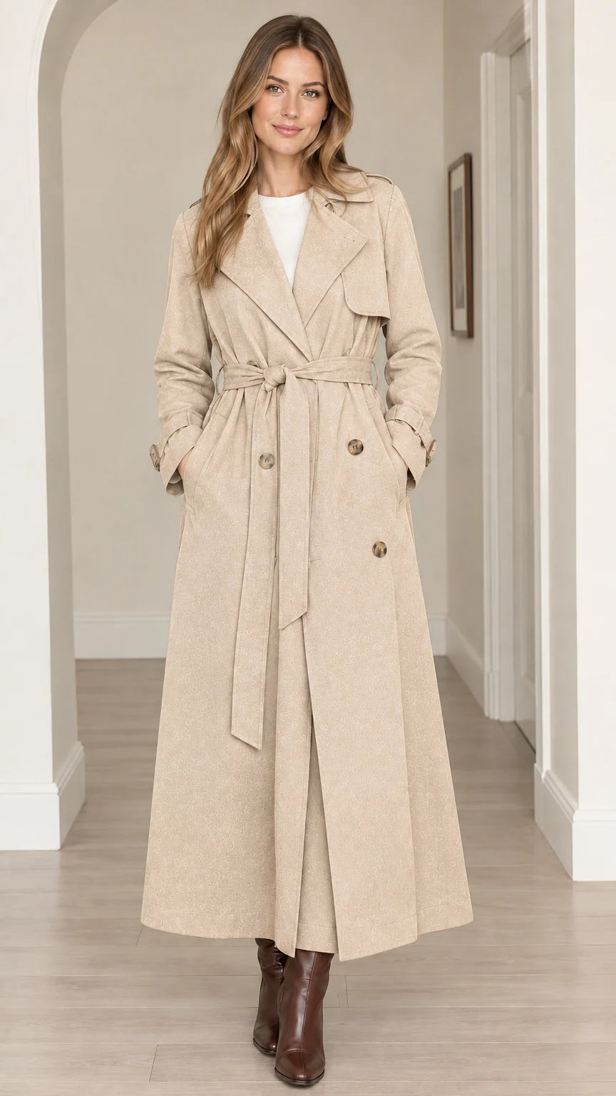 Women's Elegant Maxi Long Trench Coat with Tie Belt
