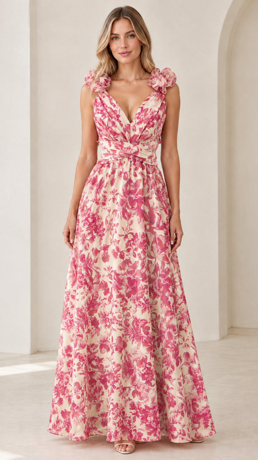 Blush light pink floral evening gown with lace-up back detail