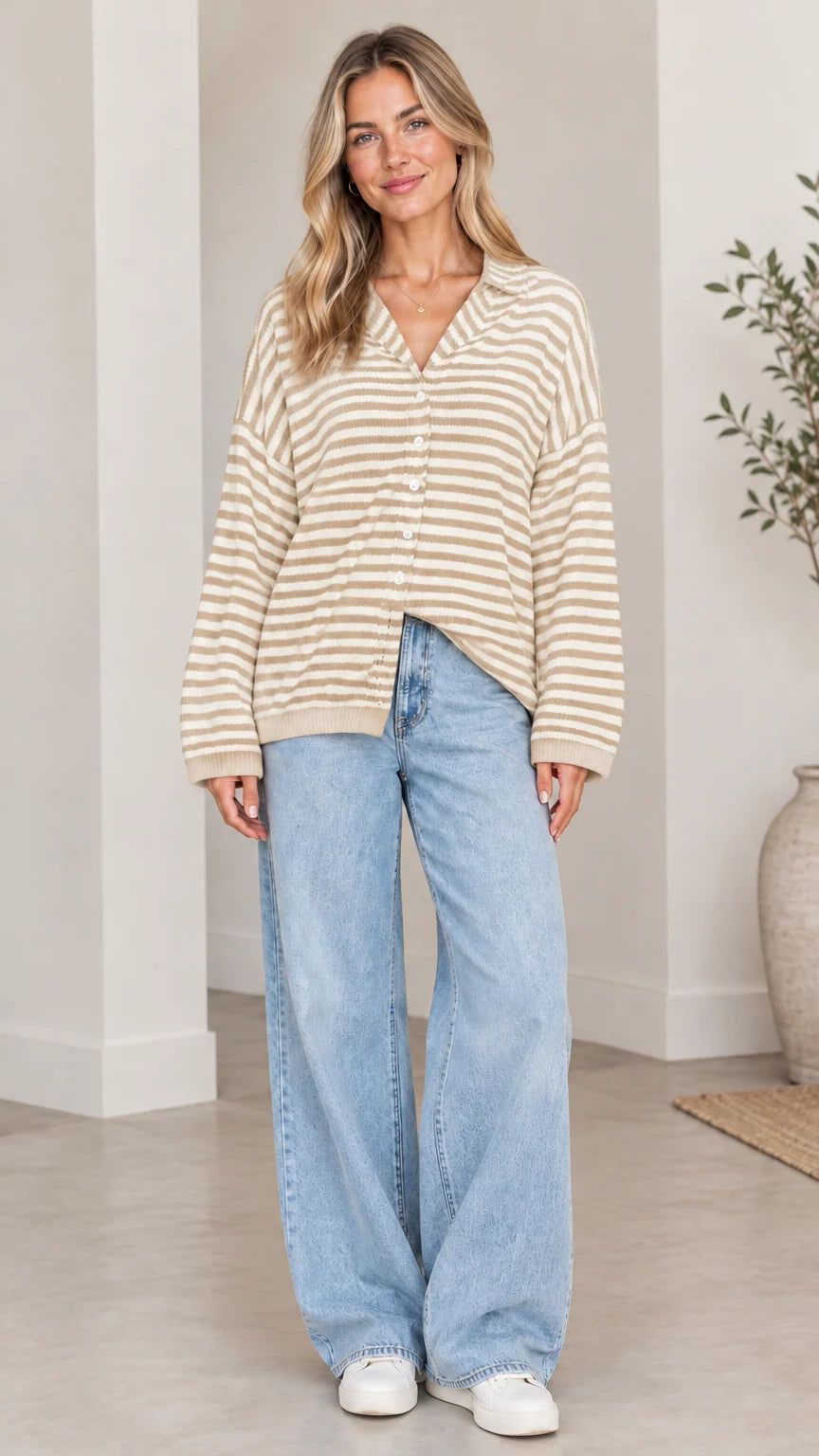 Women's Striped Collared Cardigan Sweater Casual Loose Knit Button Down