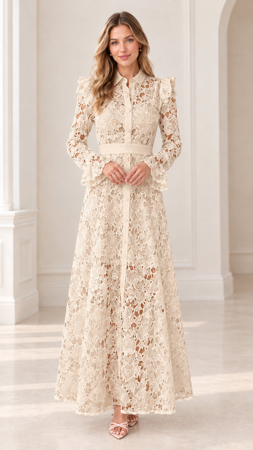 Champagne cream floral lace collared maxi dress