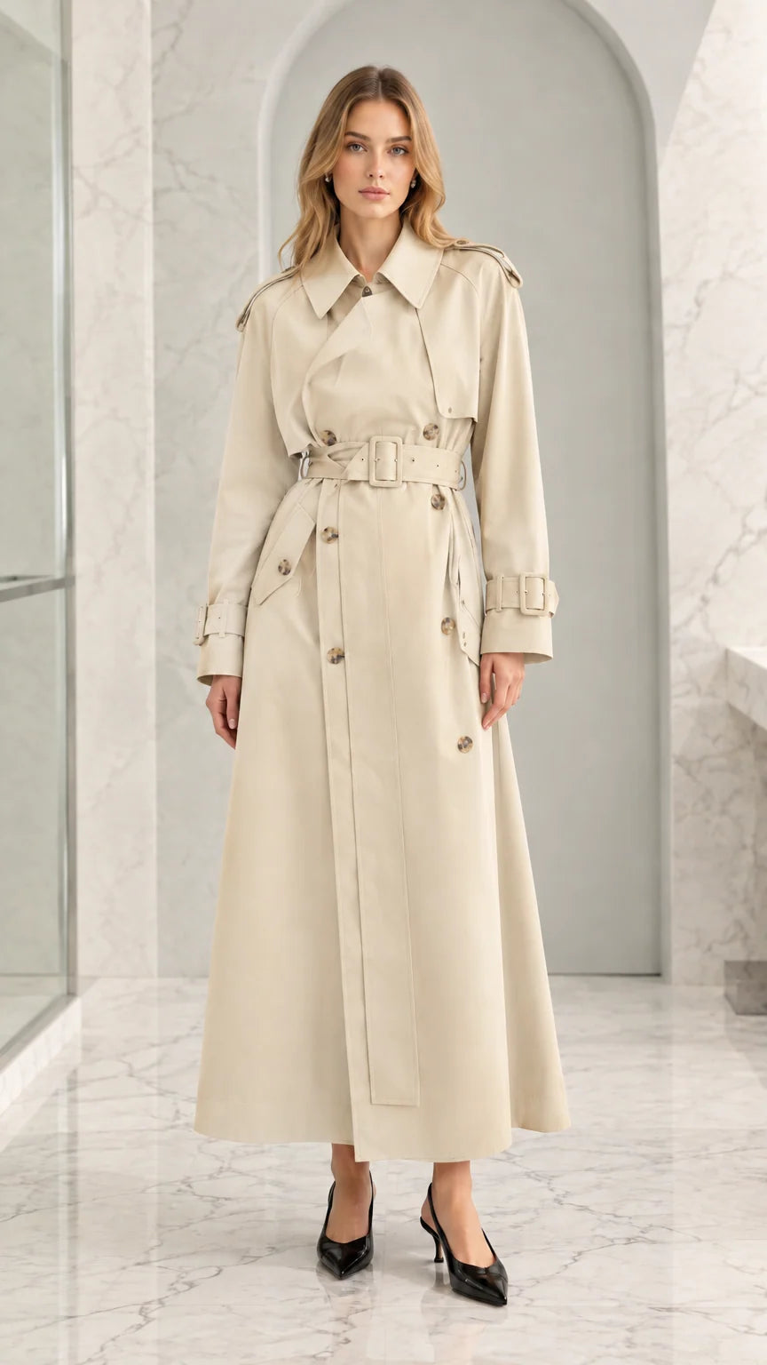 Women's Classic Maxi Belted Trench Coat with Storm Flap