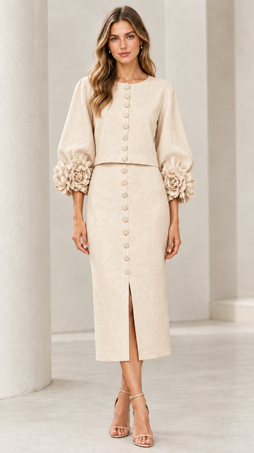 Front view of model wearing Cream two-piece top and midi pencil skirt set