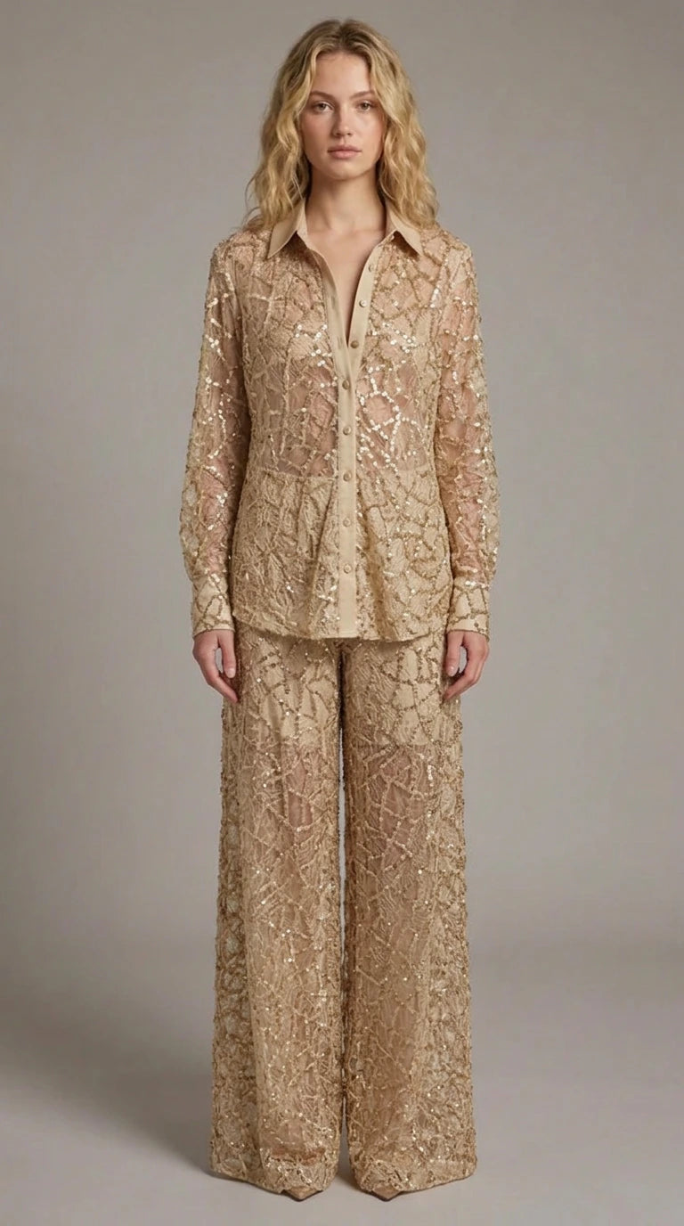 Front view of model wearing champagne gold sequin lace top and pants set