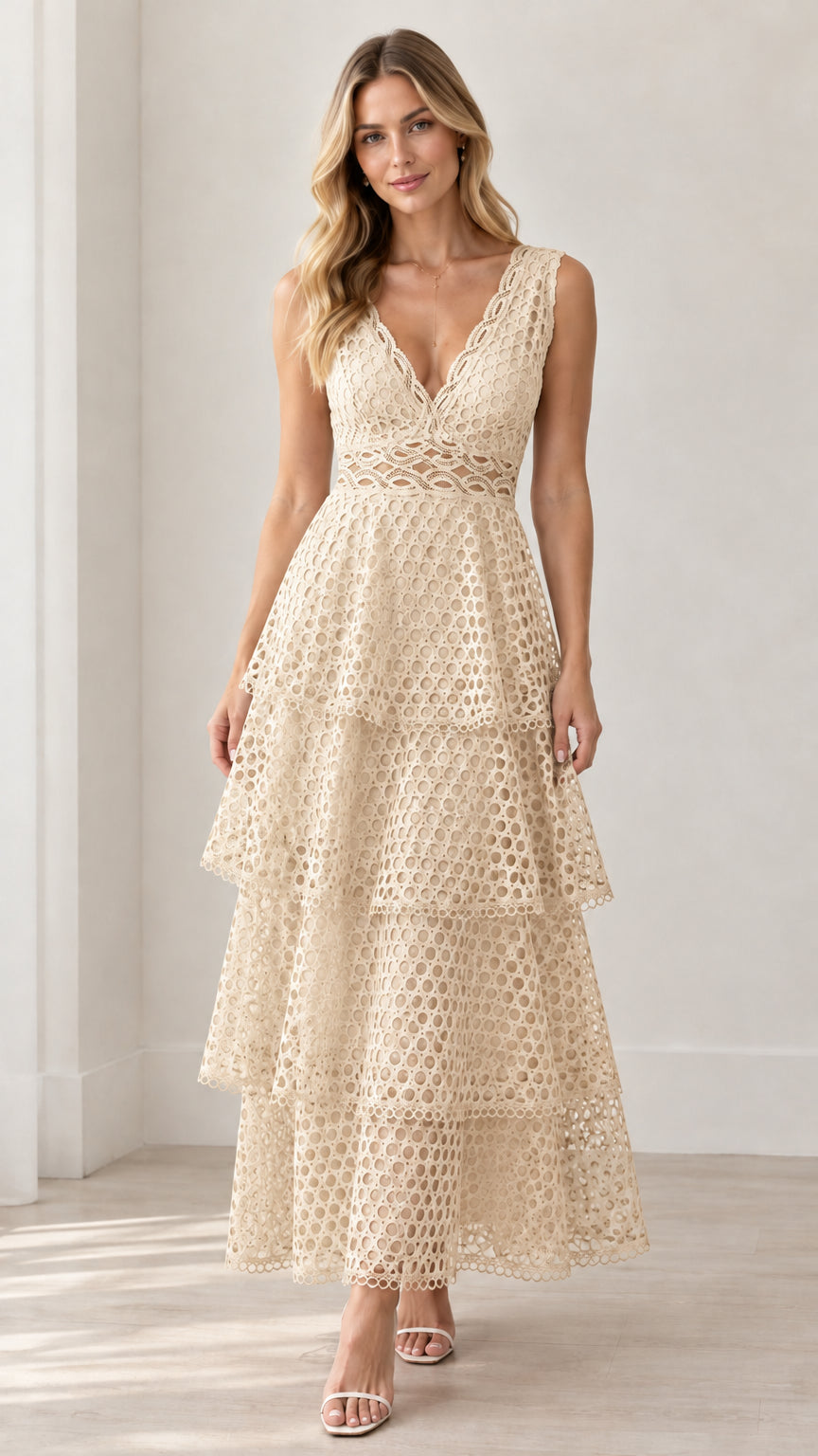 Front view of model wearing Champagne cream sleeveless tiered lace maxi dress