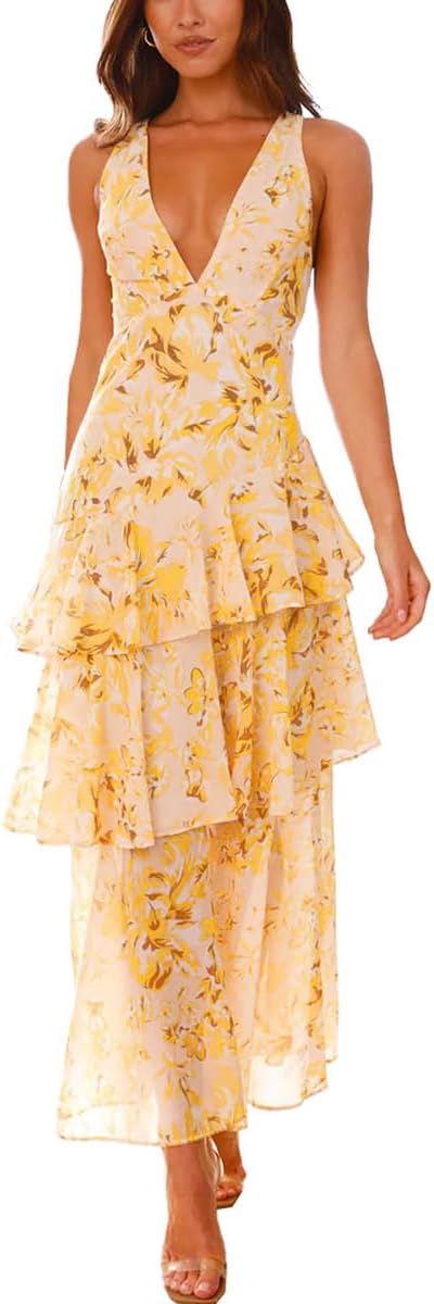 Women Floral Maxi Dress Sexy Deep V Neck Backless Ruffle Beach Party Wedding Guest Dress