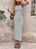 Women Striped Knit Maxi Dress Side Slit Sundress