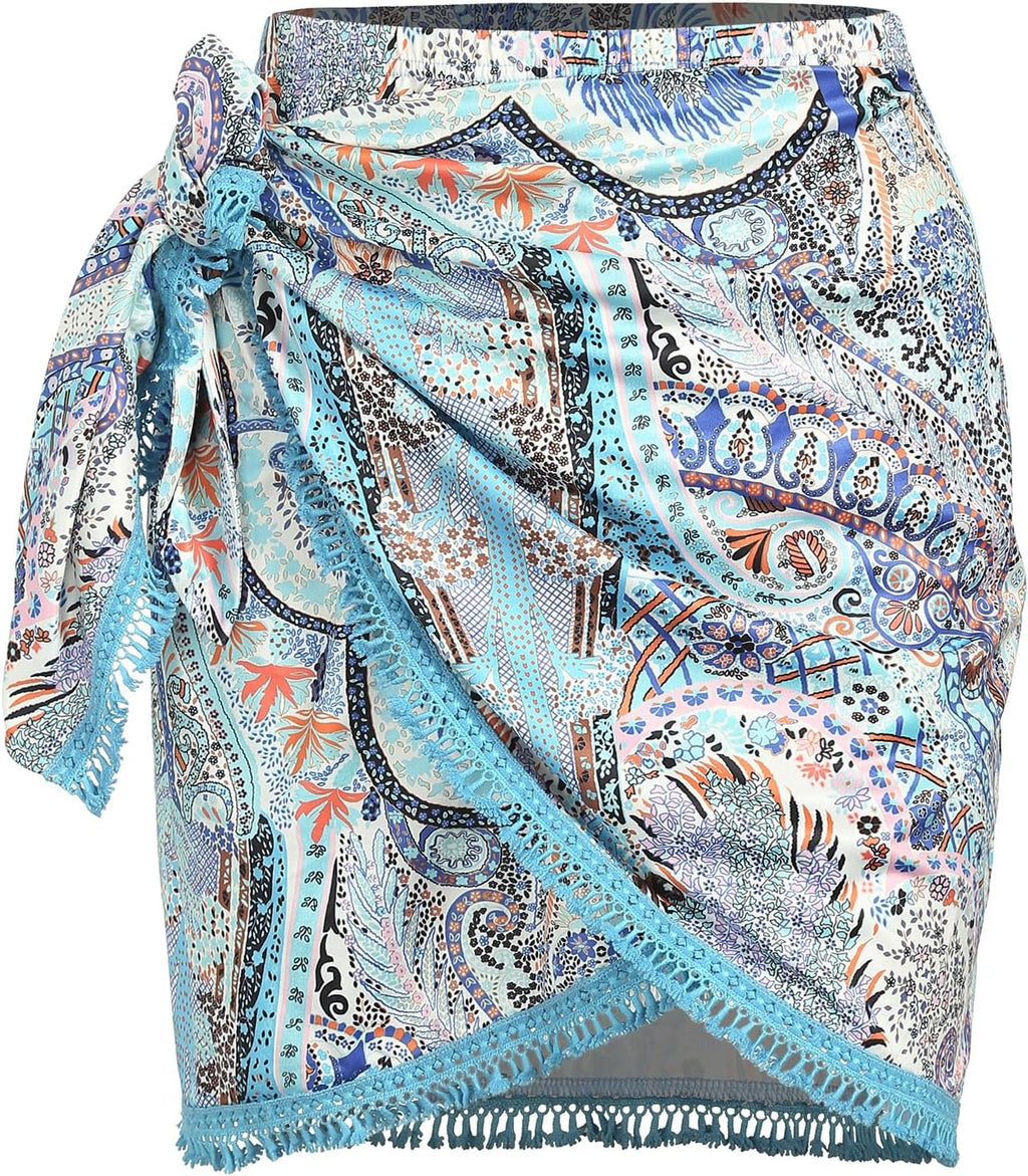 Boho Print Tie Side Mini Skirt Women Slit Tassel Beach Skirt