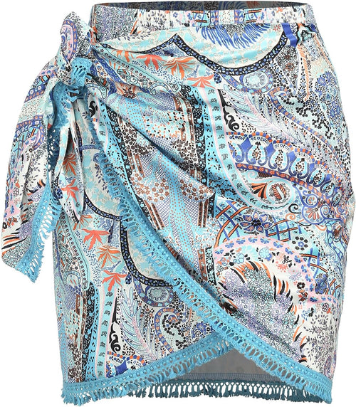 Boho Print Tie Side Mini Skirt Women Slit Tassel Beach Skirt