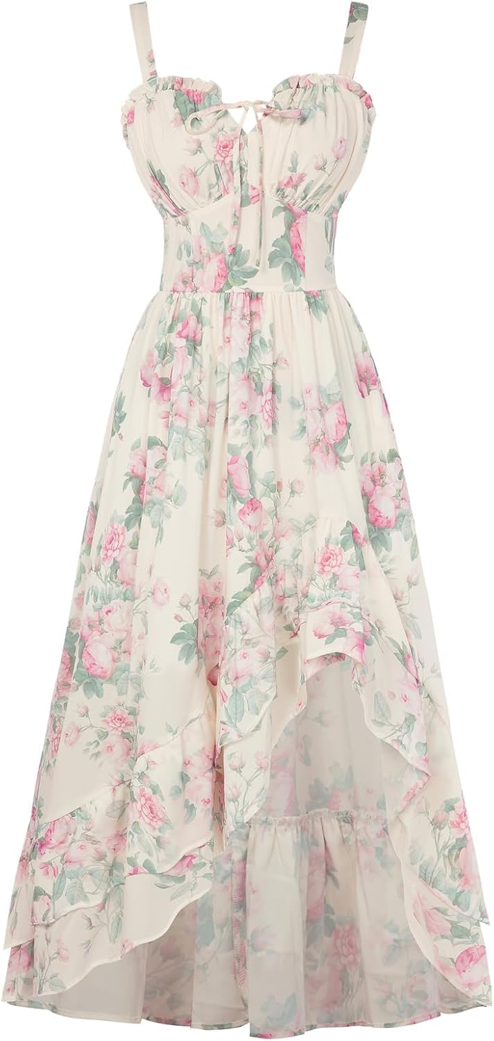 Women Floral Ruffle Maxi Dress Corset Style Summer Dress with Pockets