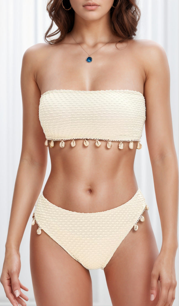Women Solid Cheeky Bikini Set, Strapless Lace Up Bathing Suit