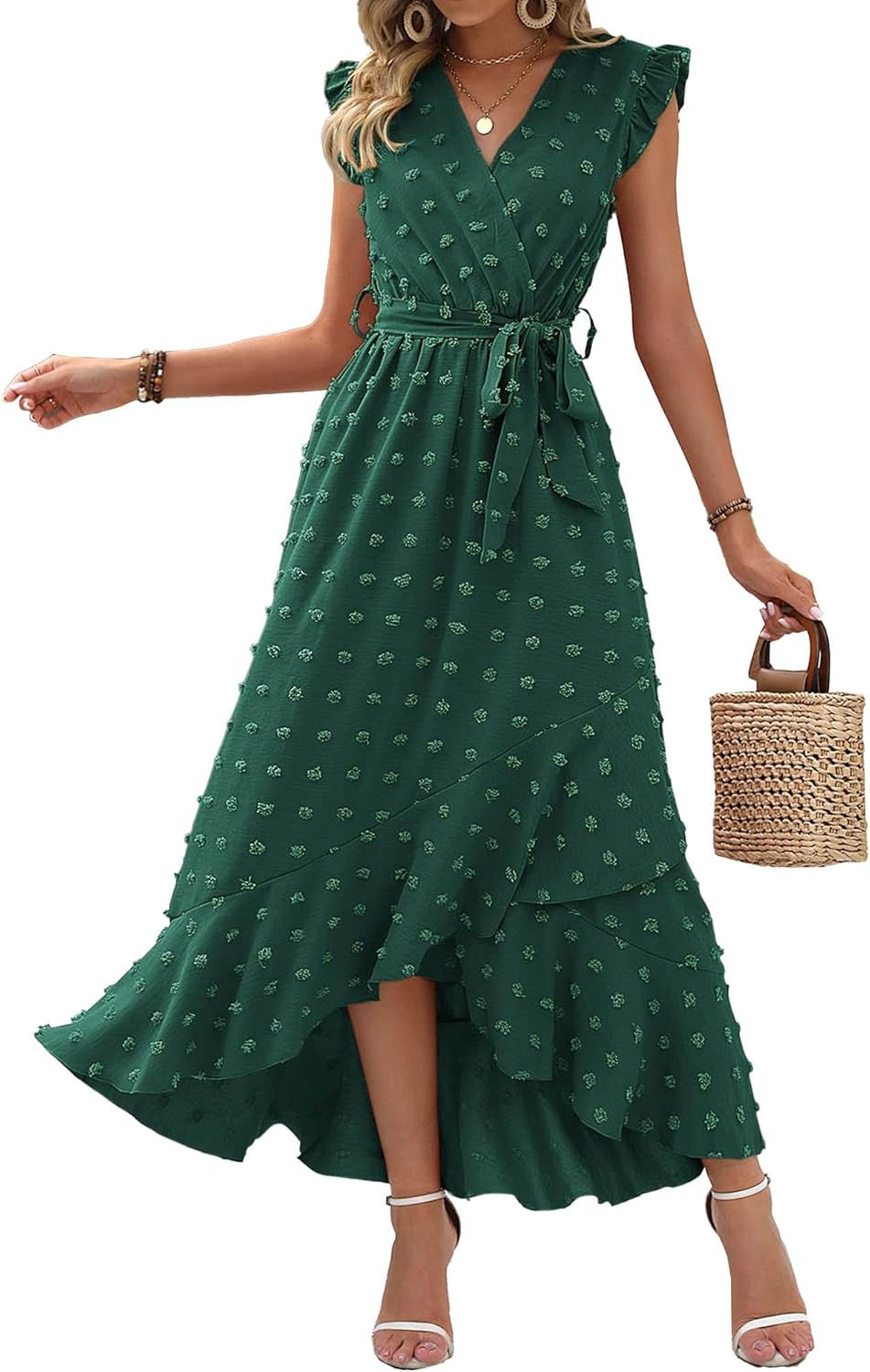 Summer Flowy Ruffle Maxi Dress Women Swiss Dot Cap Sleeve Casual Party Dress