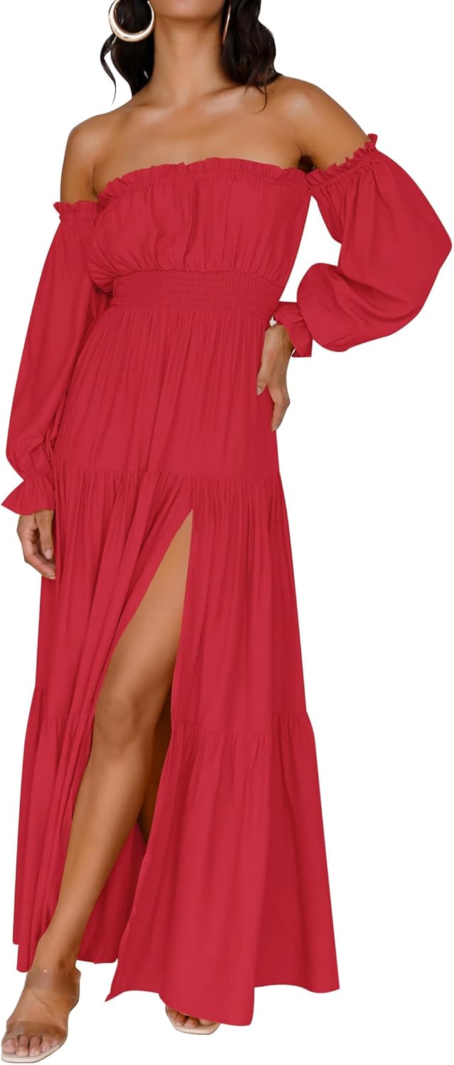 Boho Off Shoulder Maxi Dress Women Flowy Side Split Wedding Guest Dress