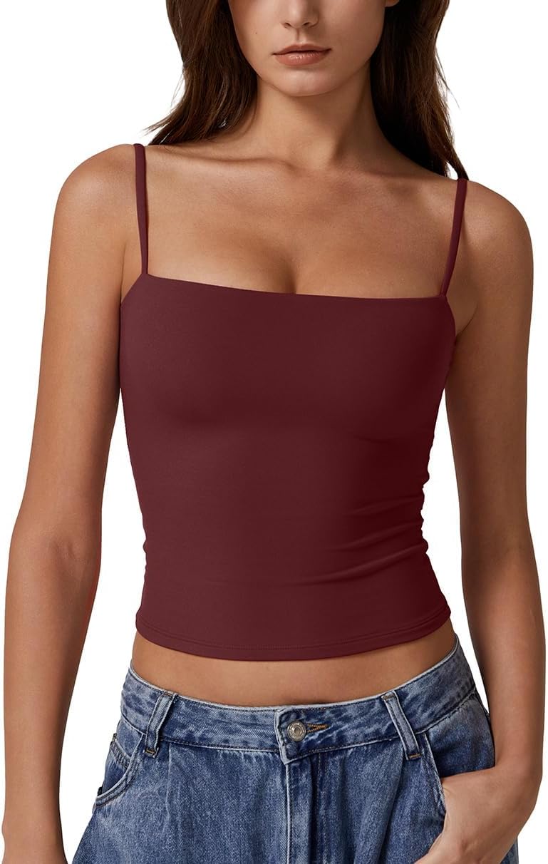 QINSEN Women's Double Lined Basic Tank Top Adjustable Spaghetti Straps Sleeveless Camisole Shirts