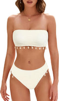 Women Solid Cheeky Bikini Set, Strapless Lace Up Bathing Suit