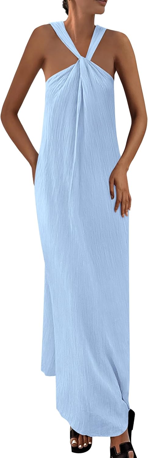 Casual Off Shoulder Maxi Dress Women Sleeveless Strappy Beach Dress with Pockets
