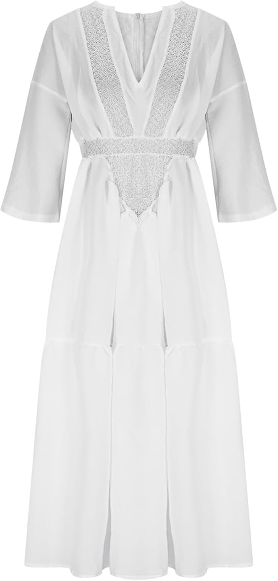 Women Casual A Line Flowy Long Dress Hollow Tiered Ruffle Beach Party Dress
