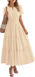 Casual Boho Maxi Dress Women V Neck Short Sleeve Flowy Beach Dress with Pockets