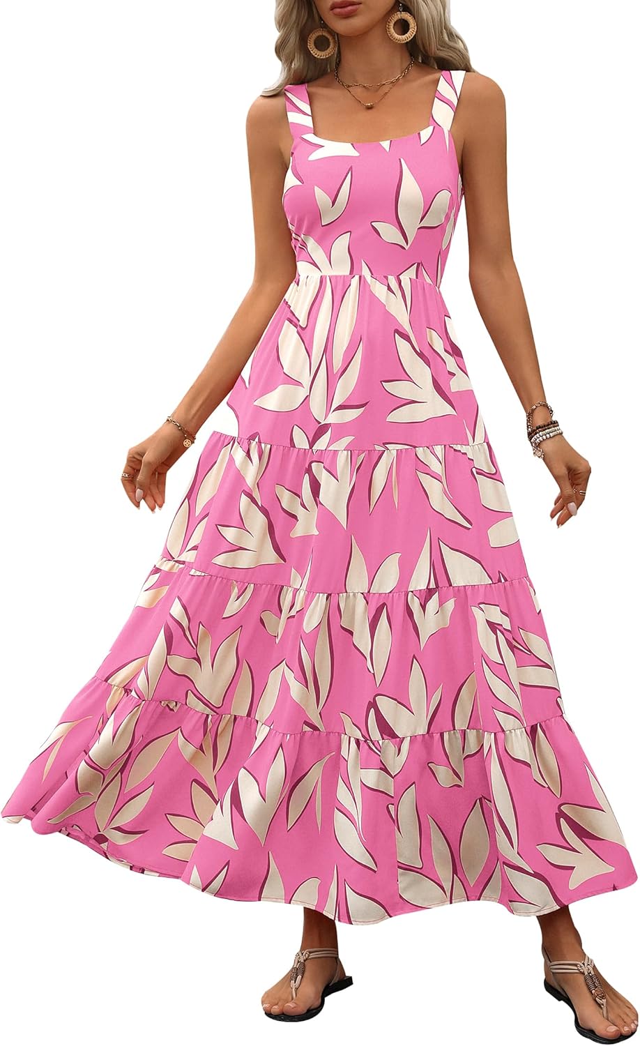 Women Floral Ruffle Maxi Dress Casual Boho Flowy Beach Vacation Sundress