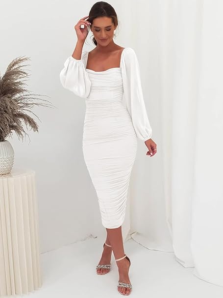 Square Neck Puff Sleeve Ruched Bodycon Midi Party Dress