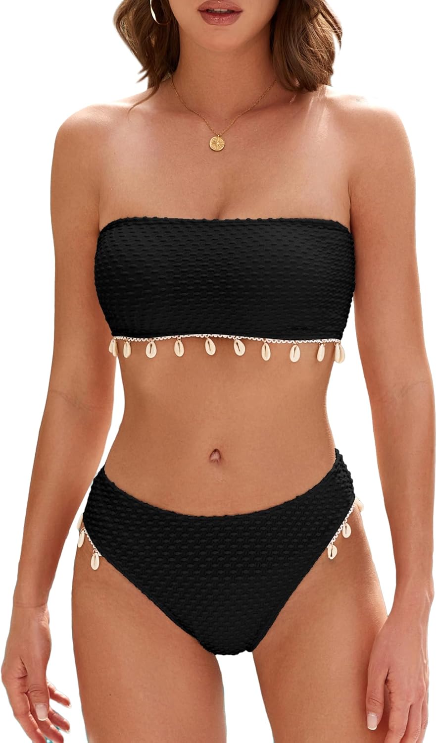 Women Solid Cheeky Bikini Set, Strapless Lace Up Bathing Suit