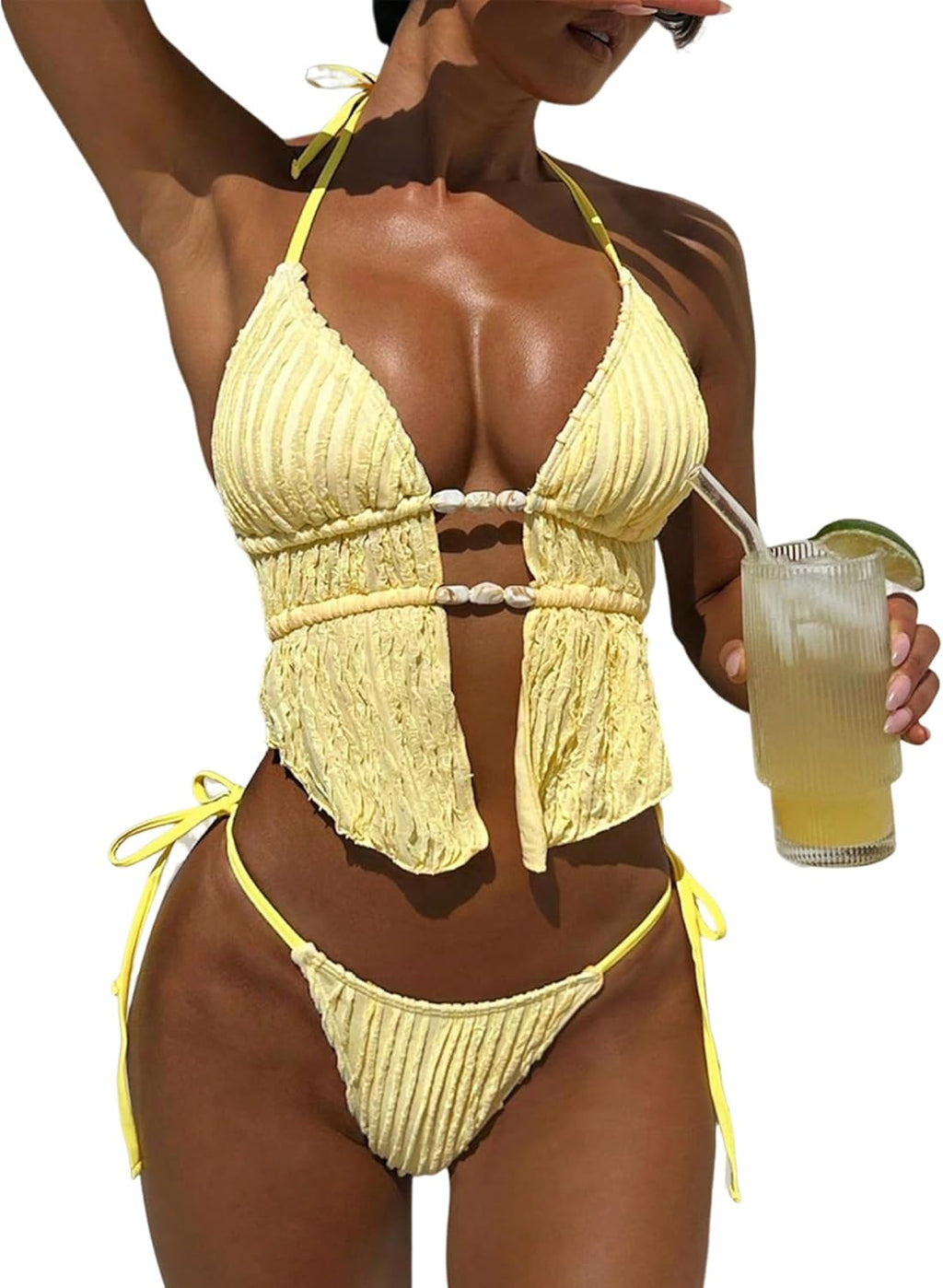 Halter Backless Bikini Set Textured Cheeky High Cut String Swimsuits