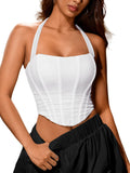 Halter Mesh Corset Crop Top, Lace-Up Boned Bustier with Ruched Asymmetrical Hem