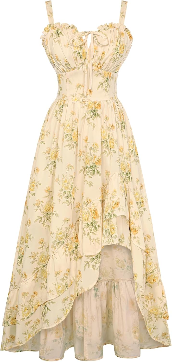 Women Floral Ruffle Maxi Dress Corset Style Summer Dress with Pockets