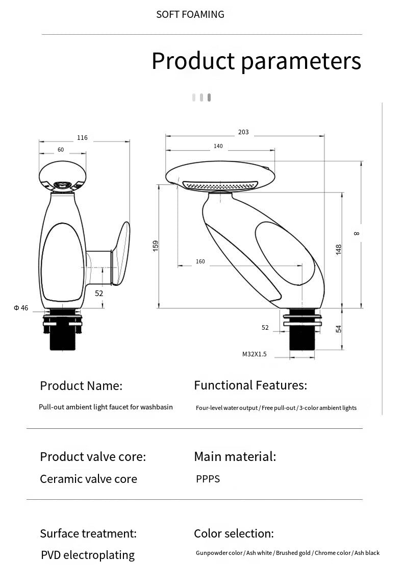 Rotatable LED Pull Out Bathroom Sink Faucet