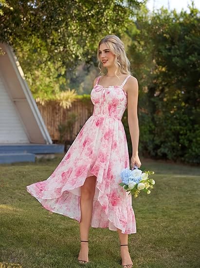 Women Floral Ruffle Maxi Dress Corset Style Summer Dress with Pockets