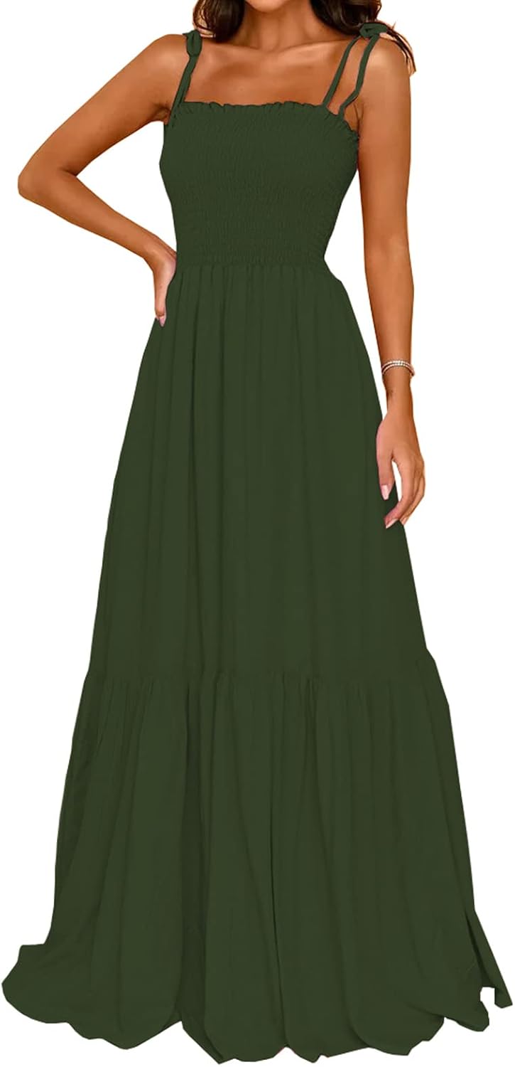Square Neck Spaghetti Strap Boho Maxi Ruffle Beach Dress