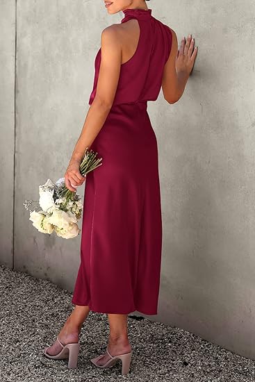 Satin Mock Neck Sleeveless Maxi Party Dress
