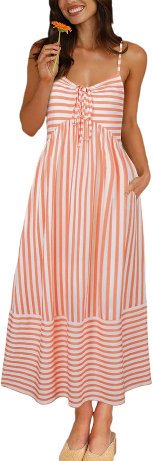 Striped Spaghetti Strap Maxi Dress Women Boho Vacation Sundress with Pockets