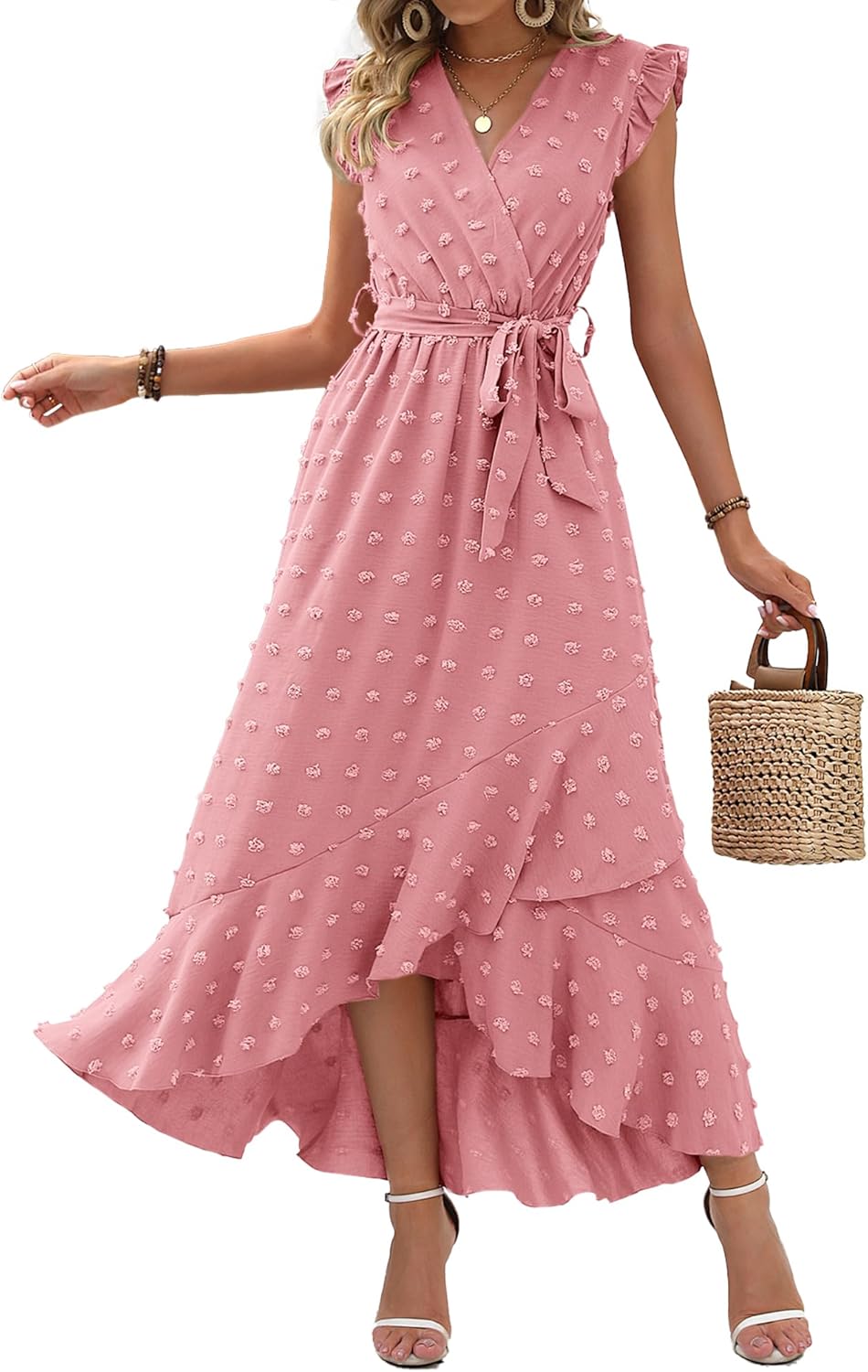 Summer Flowy Ruffle Maxi Dress Women Swiss Dot Cap Sleeve Casual Party Dress