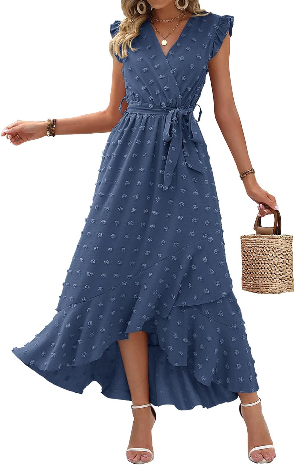 Summer Flowy Ruffle Maxi Dress Women Swiss Dot Cap Sleeve Casual Party Dress