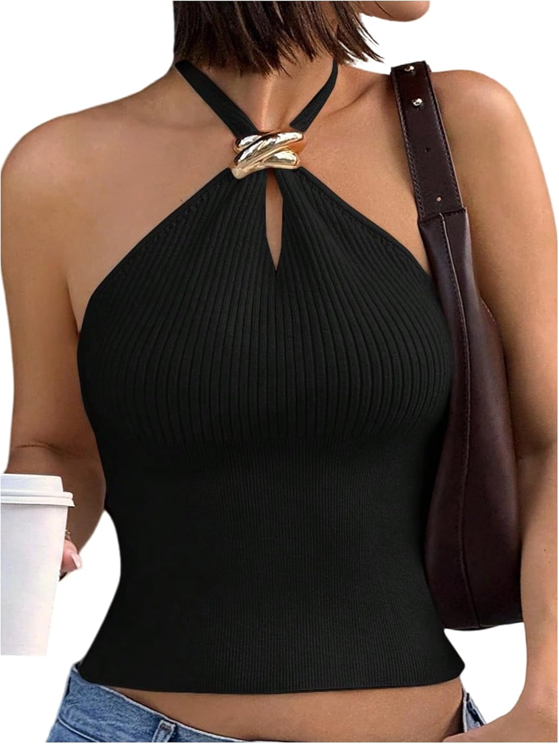 Women’s Sleeveless Ribbed Halter Top – Date Night Party Crop Top
