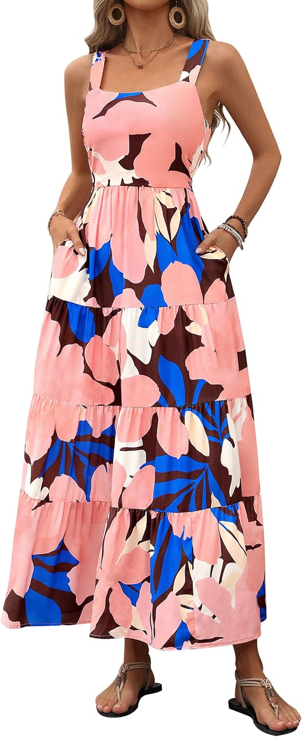 Women Floral Ruffle Maxi Dress Casual Boho Flowy Beach Vacation Sundress